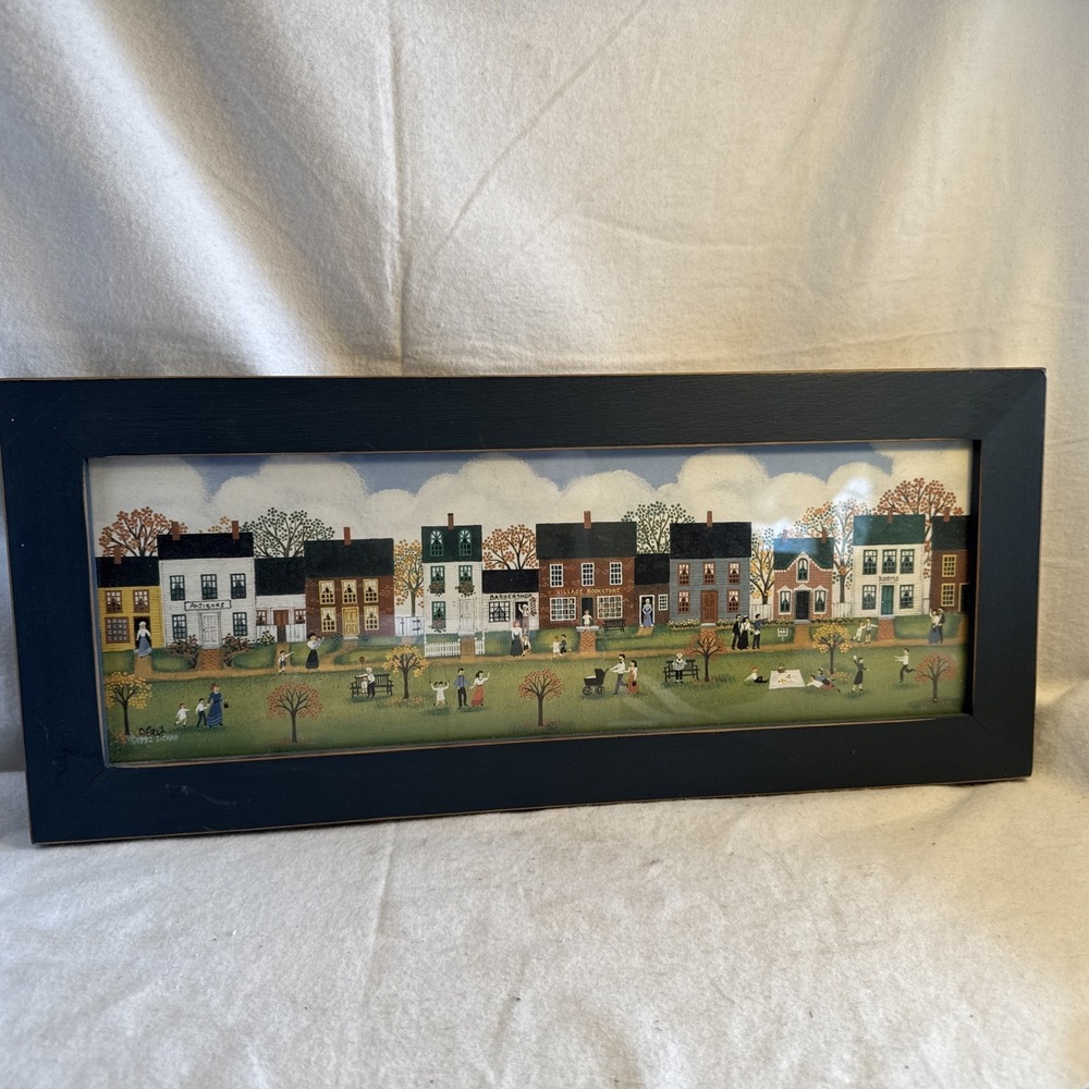 Folk Art Print Americana Village Life Cottage core Framed By D. Card  17 X 7.25"